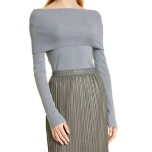MaxMara Leisure Lorena Off the Shoulder Ribbed Wool Sweater XS Medium Grey Blue